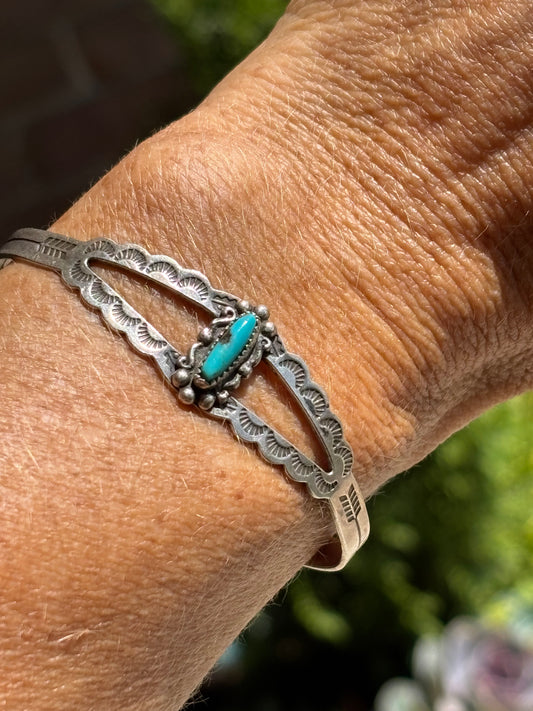 Vintage Fred Harvey Era Bell Trading Sterling Silver & Turquoise Cuff Bracelet Size 6
