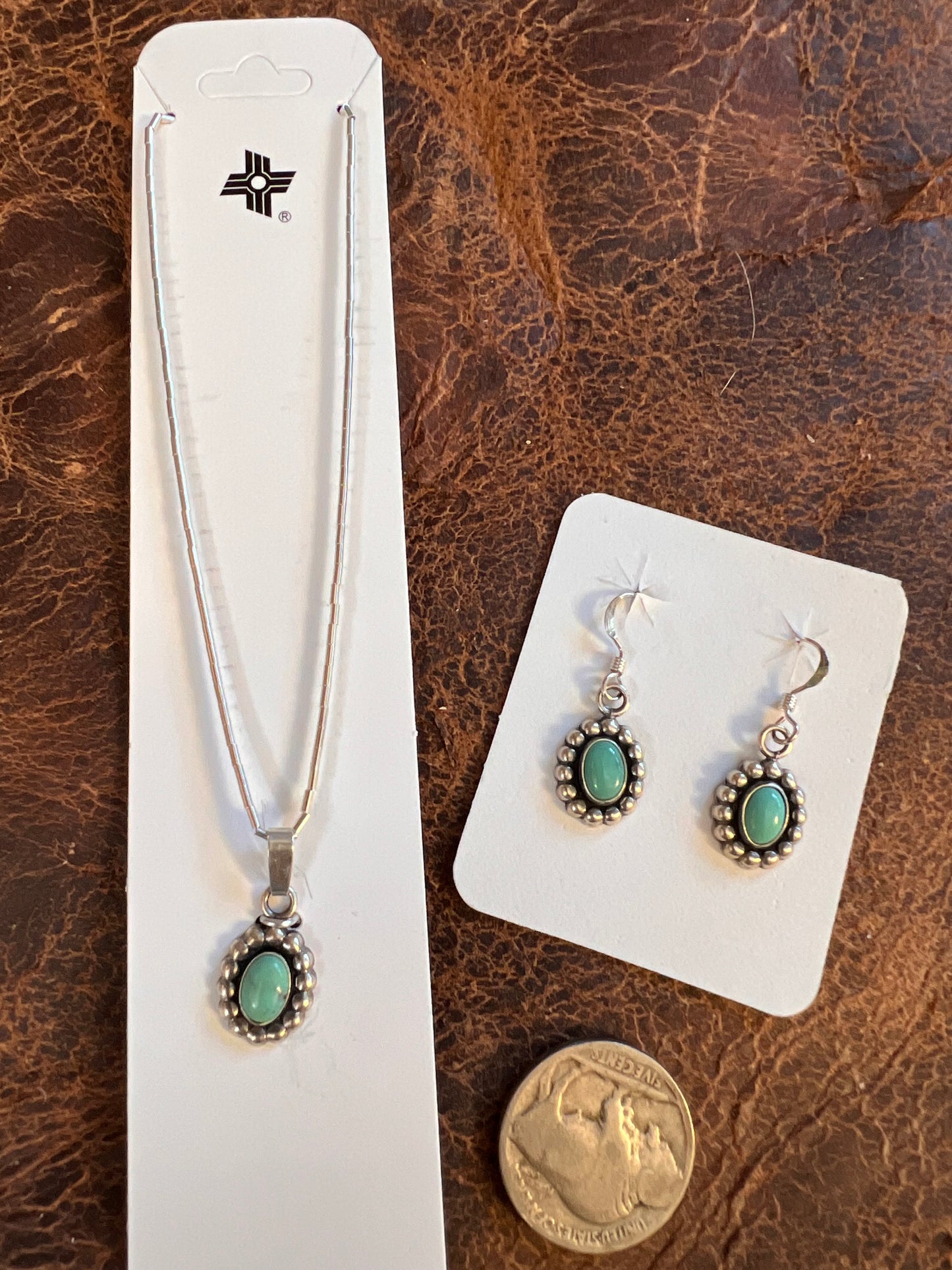 Southwest Sterling Liquid Silver Necklace & Tyrone Turquoise Pendant & Earring Set