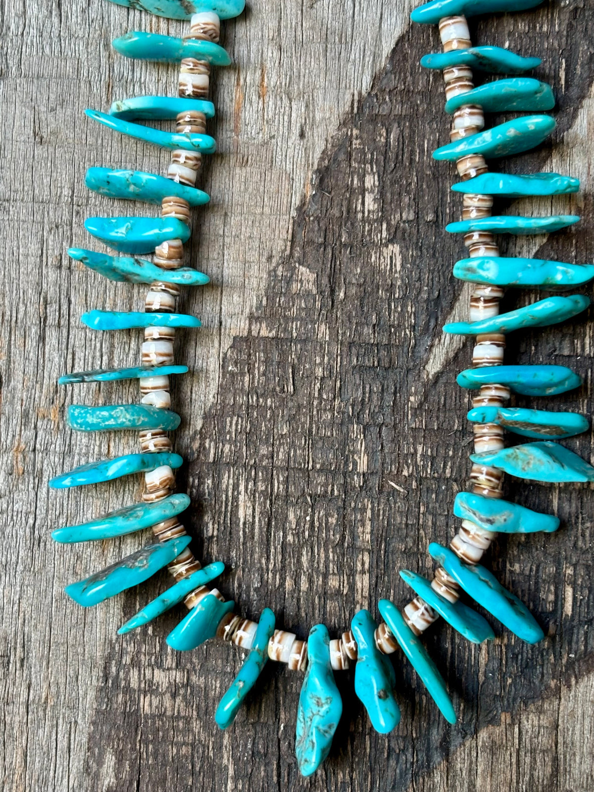 Turquoise & Olive Shell Heishi Necklace 15”