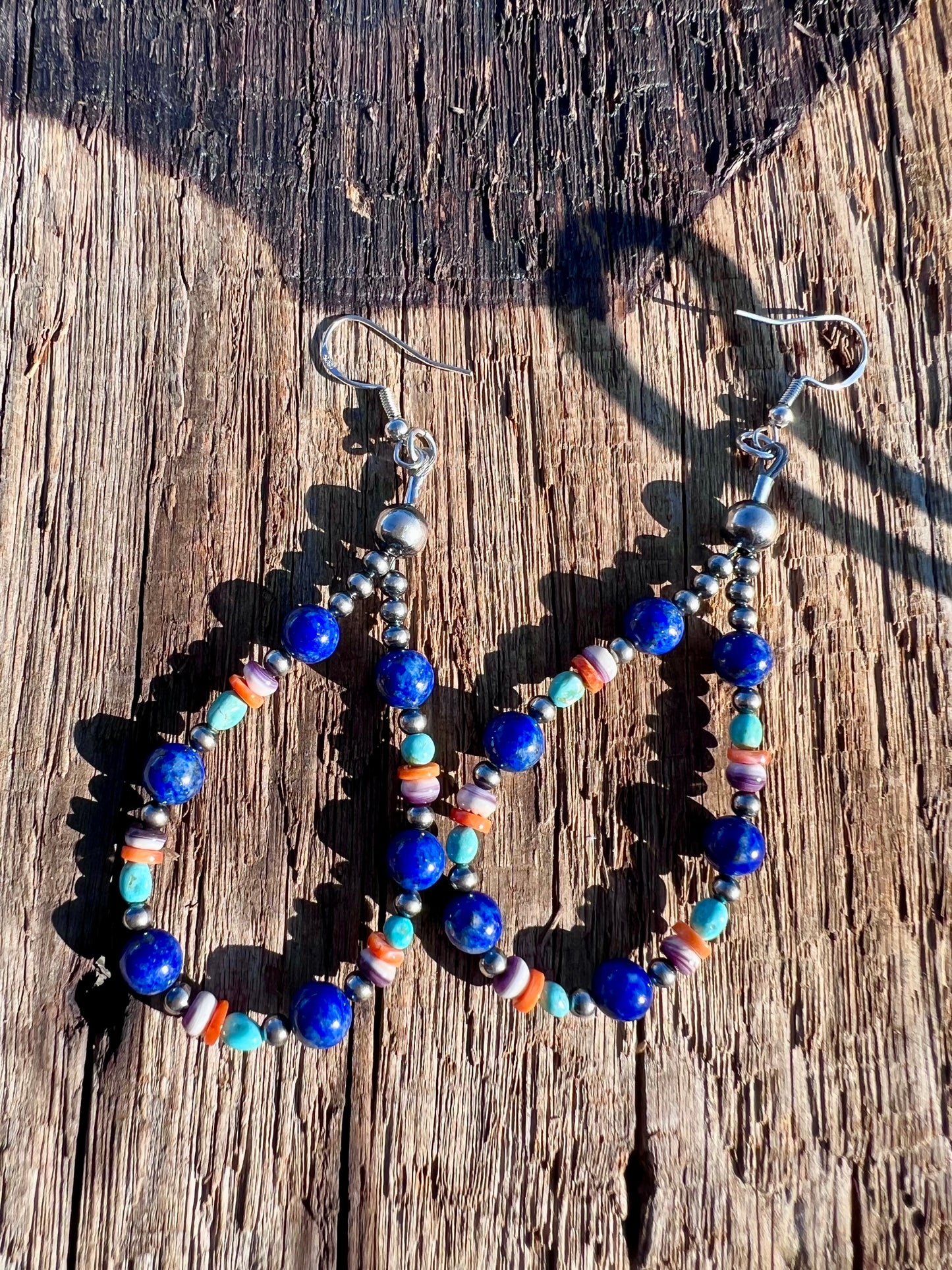 Southwest Artisan Handmade Sterling, Lapis, Dry Creek Turquoise, Orange Spiney, Pink Conch & Wampum Shell Dangle Earrings 3.5”