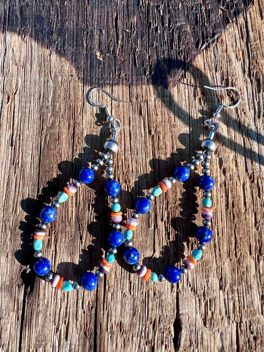 Southwest Artisan Handmade Sterling, Lapis, Dry Creek Turquoise, Orange Spiney, Pink Conch & Wampum Shell Dangle Earrings 3.5”