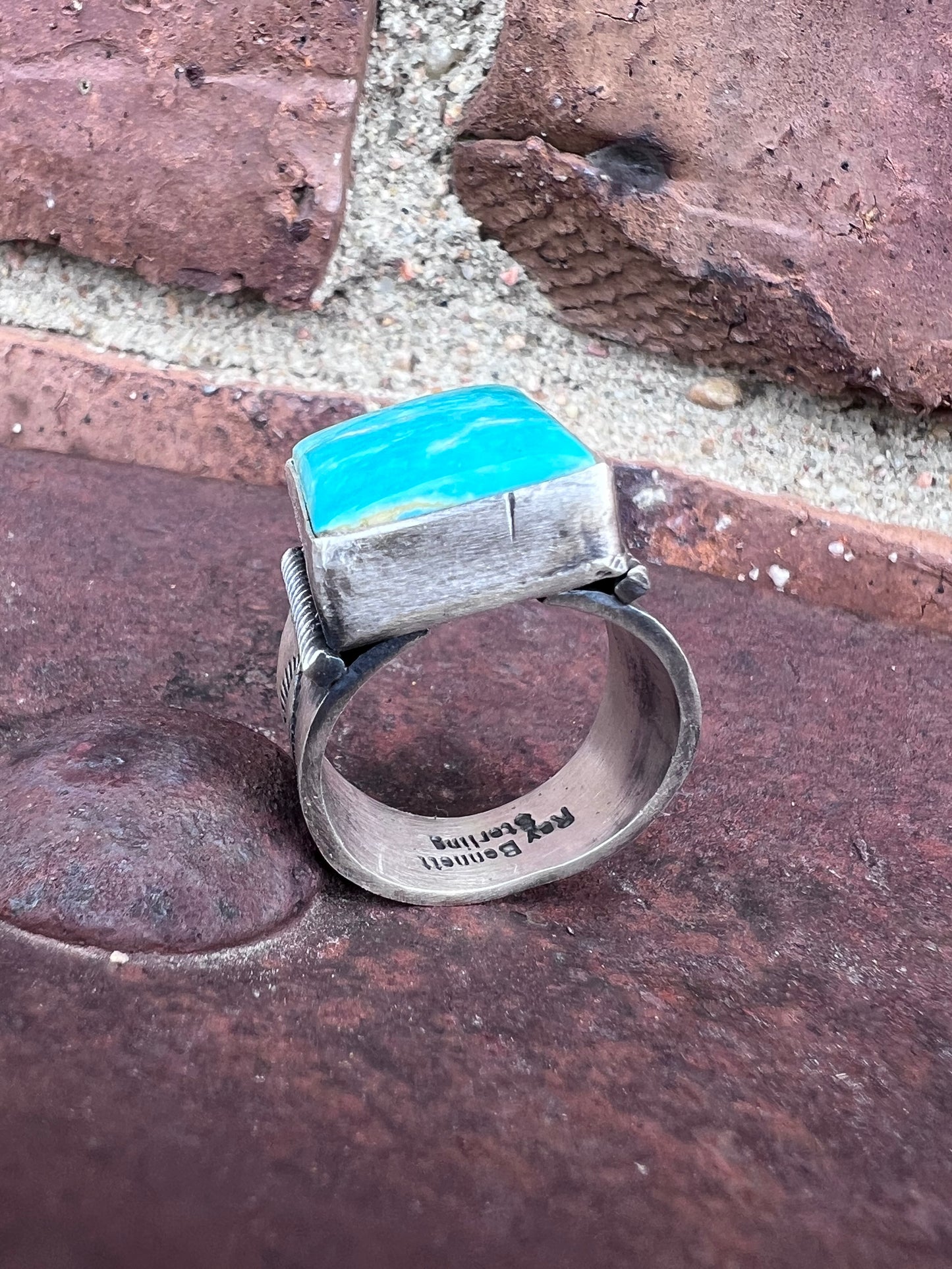Native American Handmade By Ray Bennett. Sterling & Turquoise Square-stone Ring Sz 8