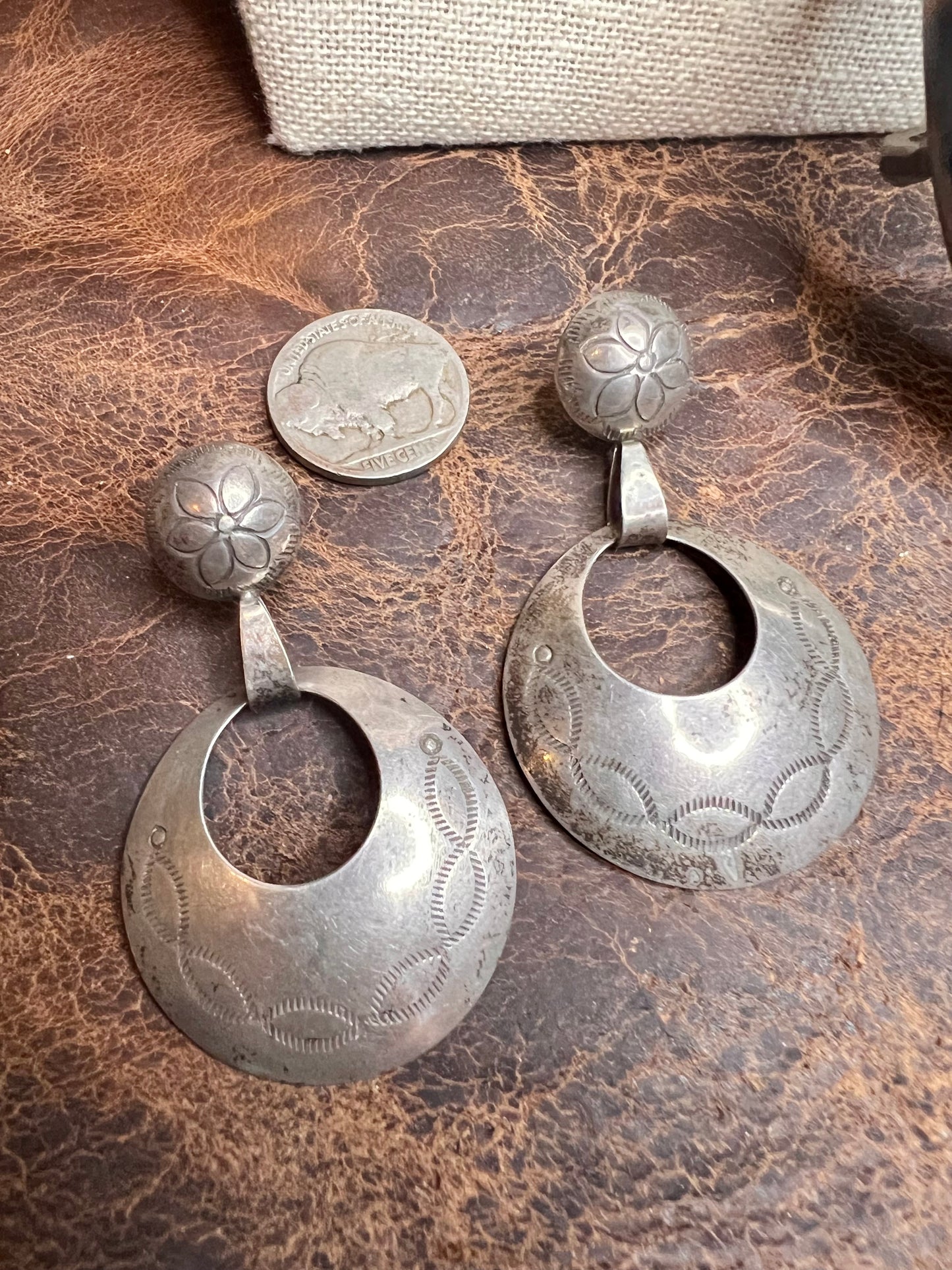 Gorgeous!!!! Vintage Handmade Sterling Silver Concho Post Dangle Hoops