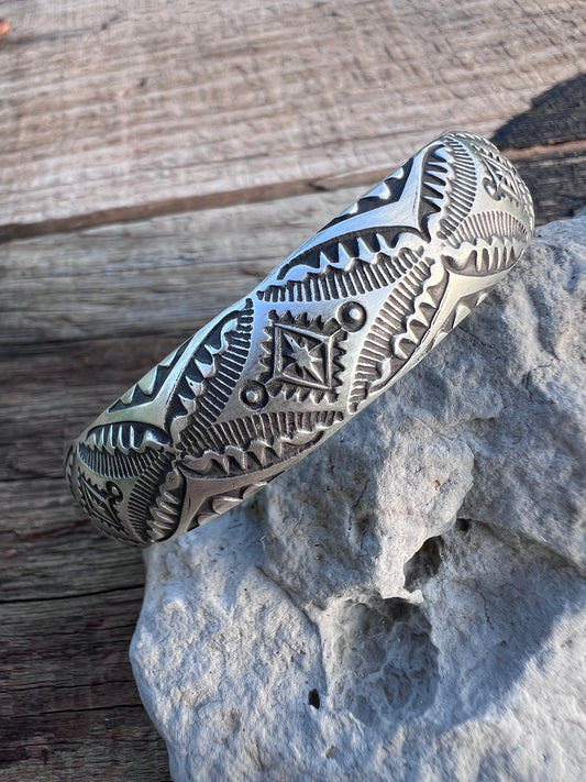 Native American Handmade by Vincent Platero- Sterling Stamped Cuff Sz 7”
