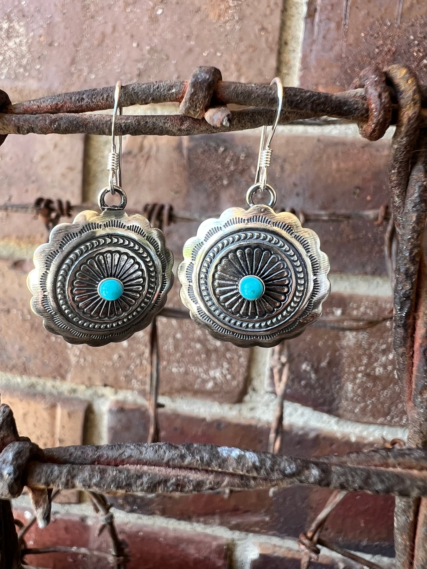 Sterling Silver & Turquoise Cncho Dangle Earrings 1 3/8”