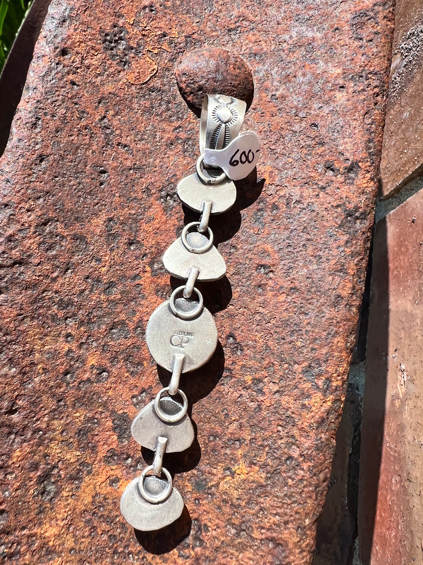Fox Green Turquoise & Sterling Silver 5-stone Ladder Pendant.  Navajo Handmade by Calvin Pete