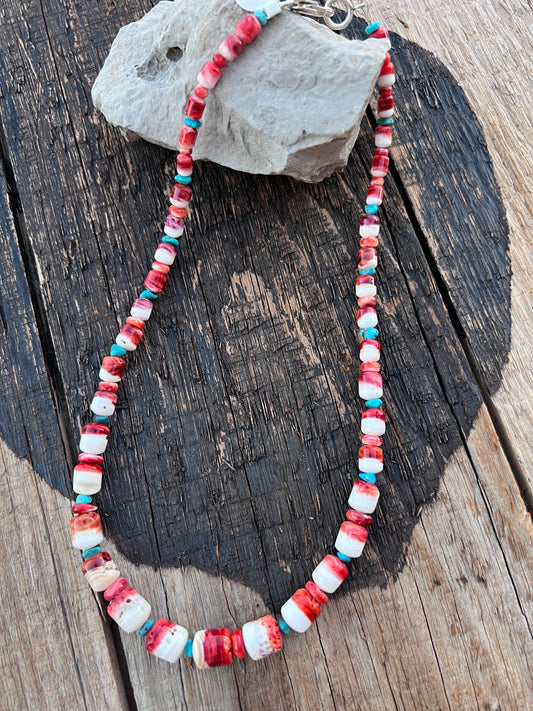 Orange/Red Spiney Oyster & Turquoise Necklace 19.5”