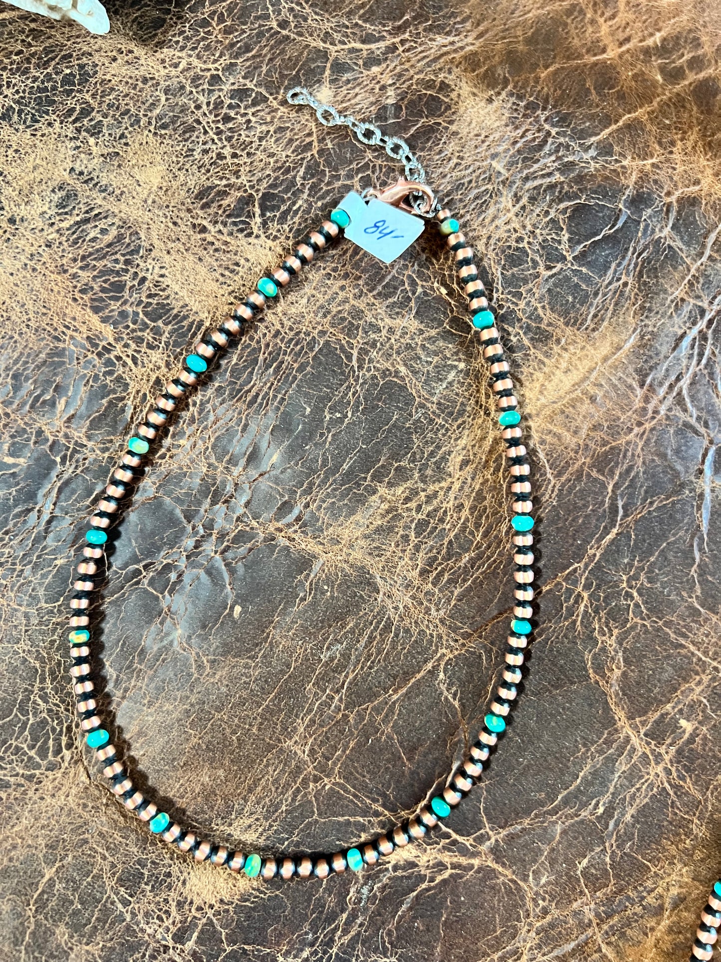 Oxidized Copper & Tyrone Turquoise 4mm Bead Necklace 14-16”