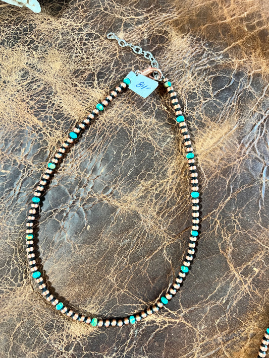 Oxidized Copper & Tyrone Turquoise 4mm Bead Necklace 14-16”