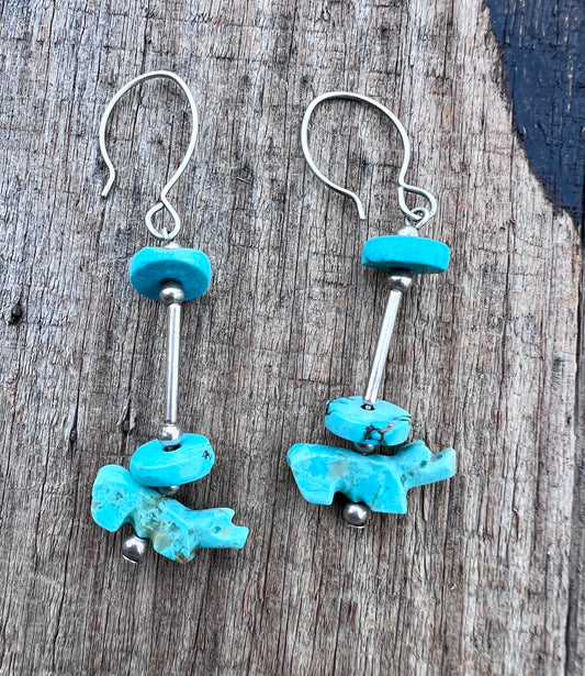 Vintage Handmade Sterling & Turquoise Fetish Earrings 2.25”