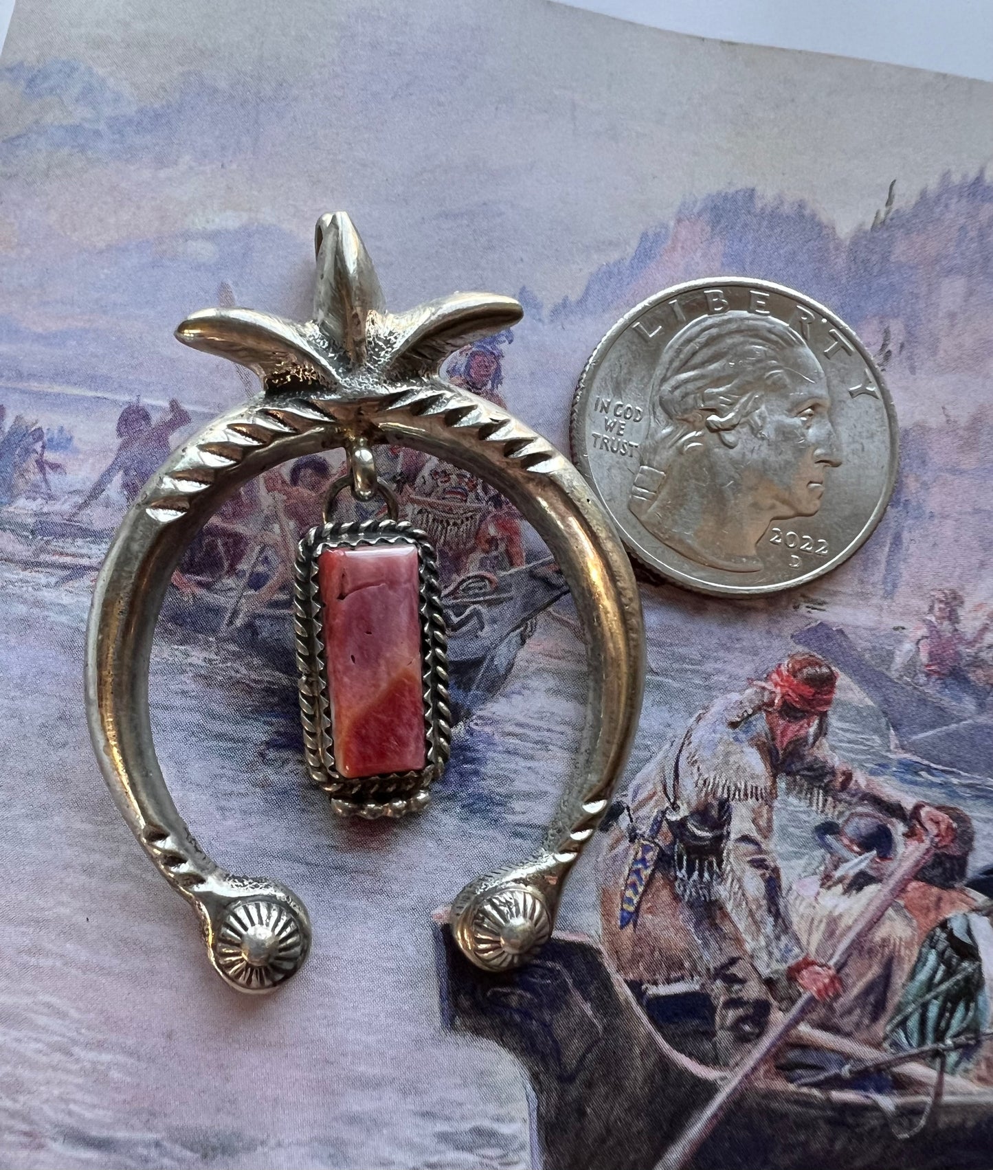 Vintage Navajo Handmade Sunset Spiny Oyster & Sterling Naja Pendant