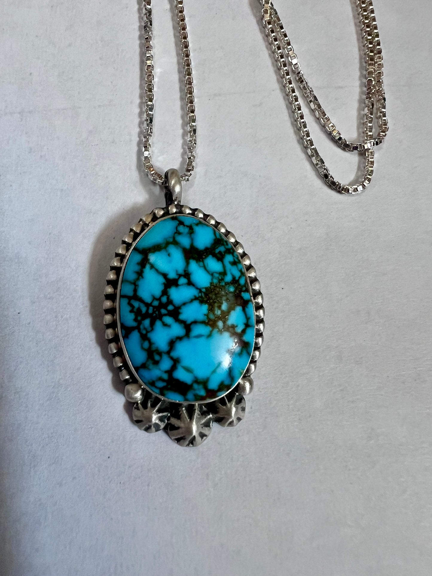 Southwest Handmade Sterling Webbed Kingman Turquoise & Sterling Pendant 1.4” with Sterling Box Chain (made in Italy) 18”