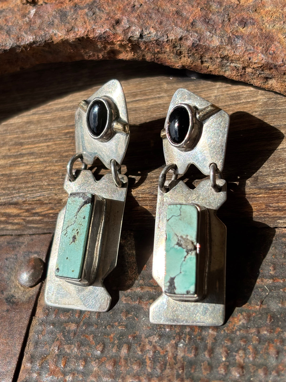 Vintage Handmade Sterling Silver, Turquoise, Onyx & 14kt Gold Dangle Post Earrings 1.65”