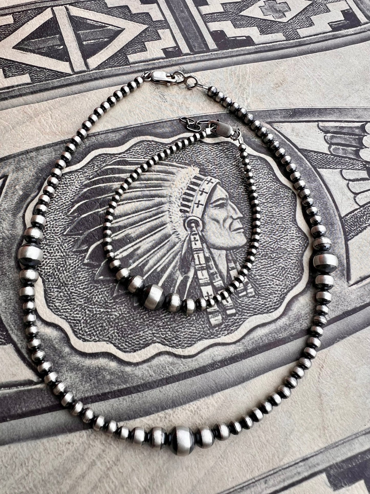 Sterling Silver Oxidized Bead Necklace 14” & Bracelet 7”-8.5”Set