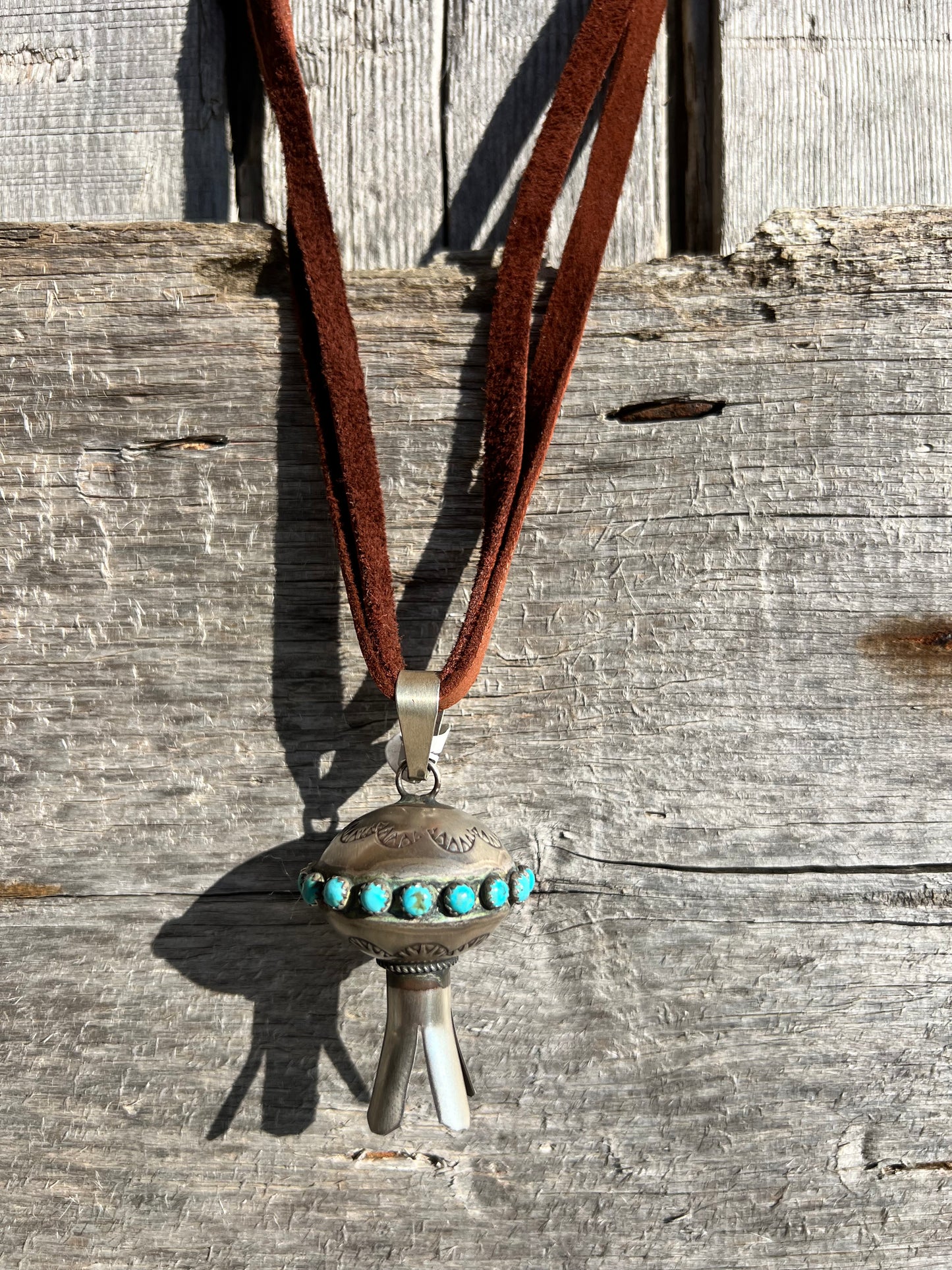 Navajo Handmade by the talented Monica Smith, Sterling Silver & Turquoise Stamped Blossom Pendant 2.4”