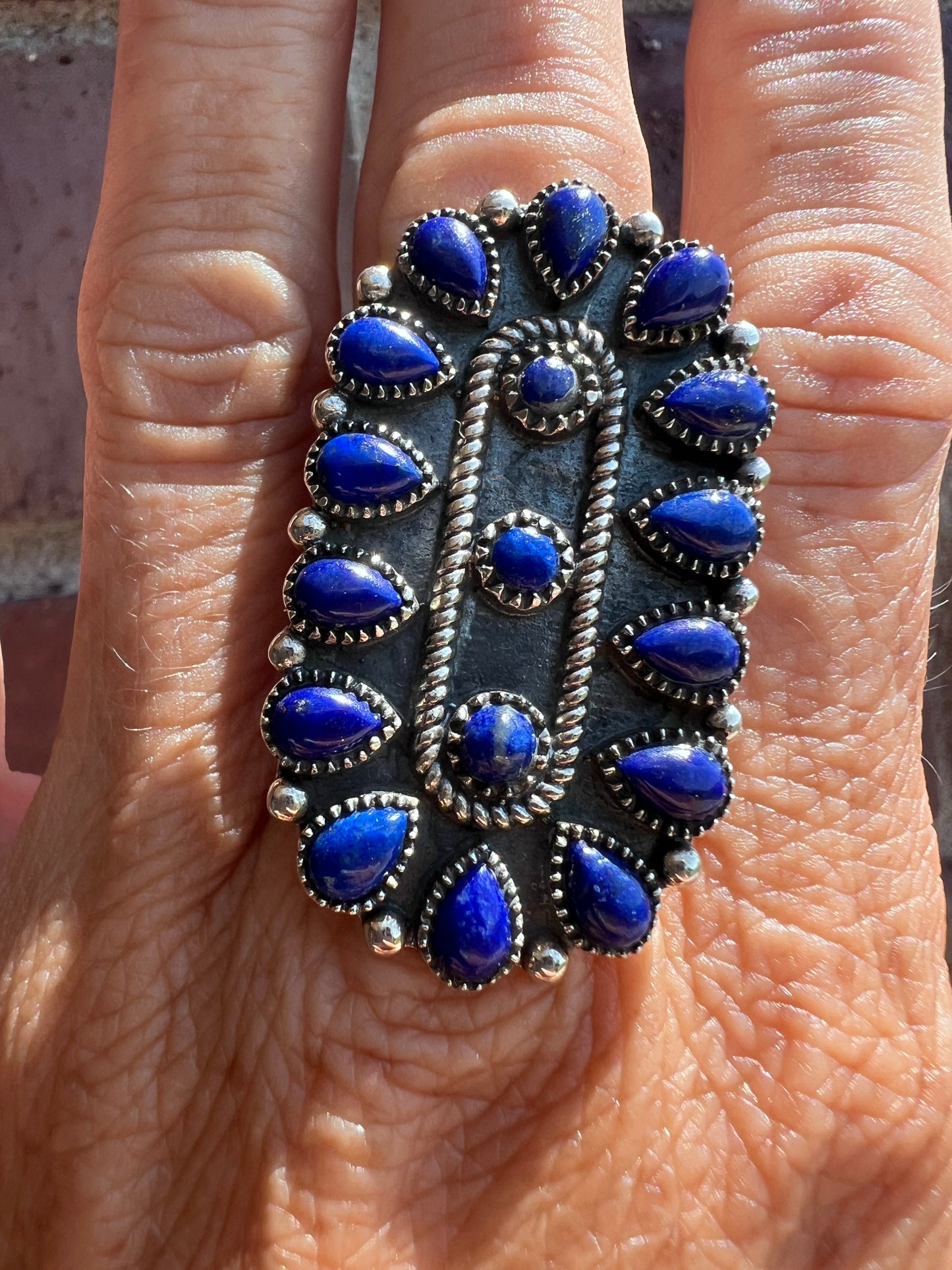 Sterling Silver & Blue Lapis Cluster Ring Sz 8