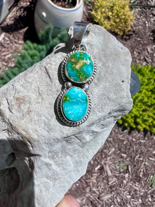 Native American Handmade Sonoran Mountain Turquoise 2-stone Pendant 1 5/8”