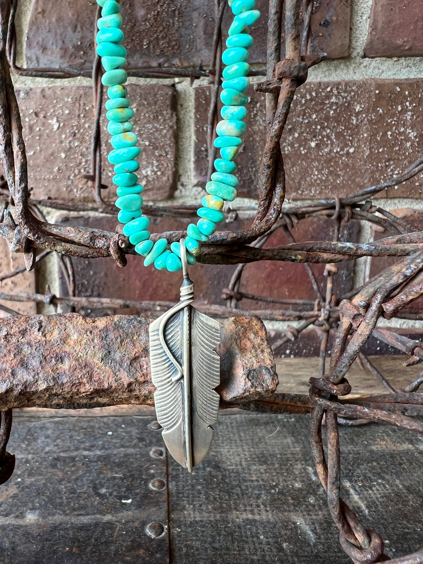 Navajo handmade by Chris Charley Sterling Silver Feather Pendant & 19” Tyrone Turquoise Nugget Necklace with Sterling hook & eye clasp