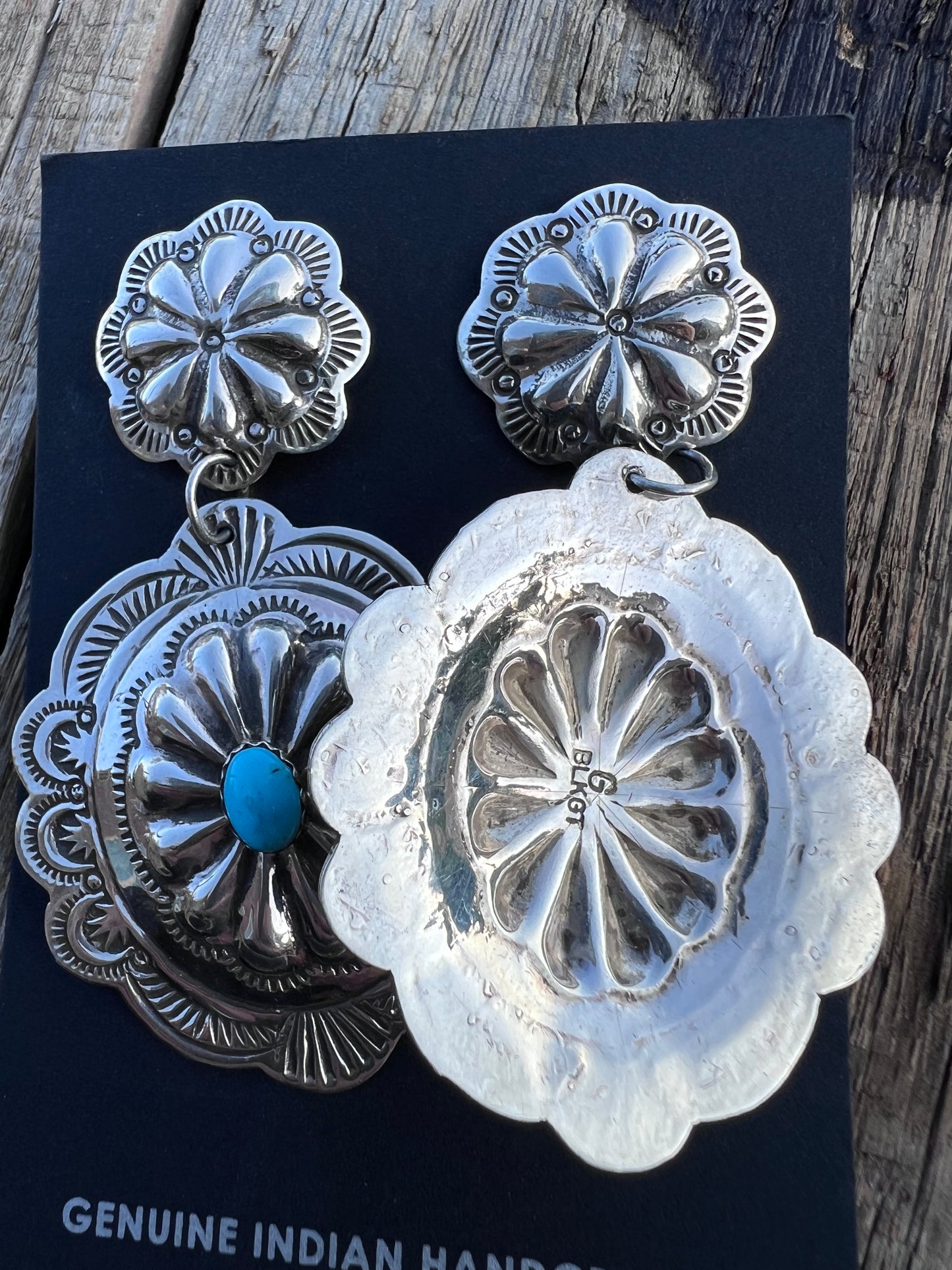 Handmade by GENEVIEVE BLACKGOAT- Sterling & Turquoise Concho Post Dangle Earrings