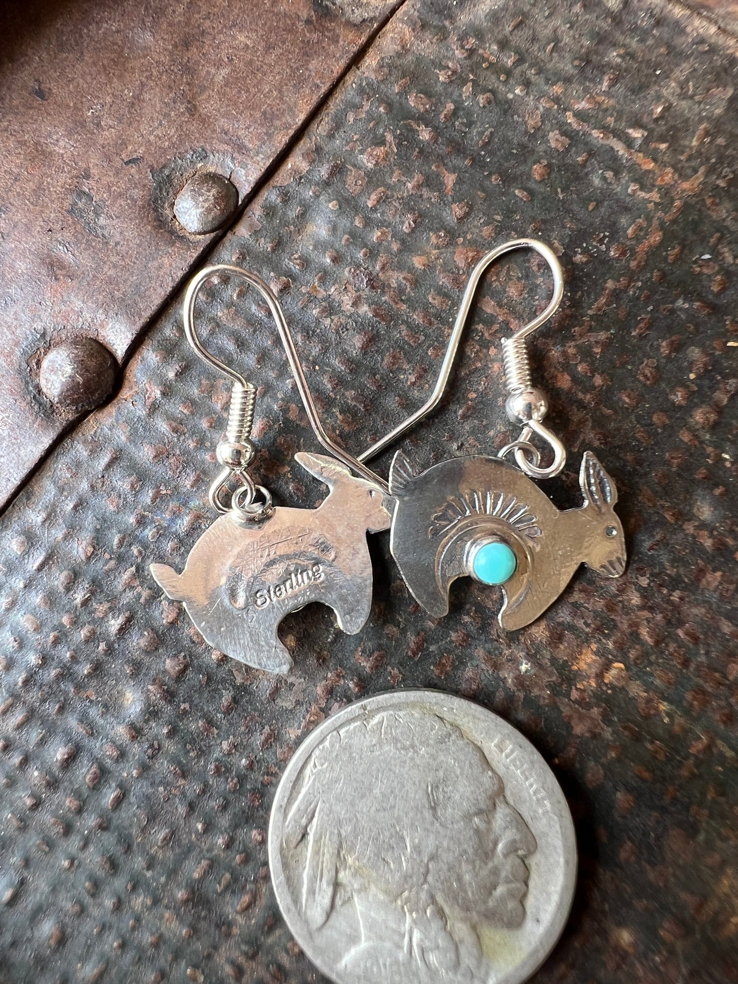 Dainty Handmade by Lucille Platero (Navajo) Turquoise & Sterling Silver Rabbit Earrings 1.25” Length