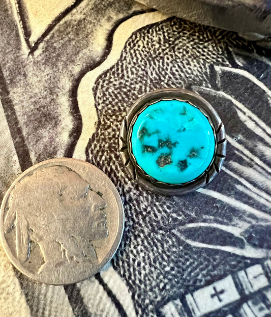 Vintage Sterling & Kingman Turquoise Navajo Handmade Pendant 3/4”