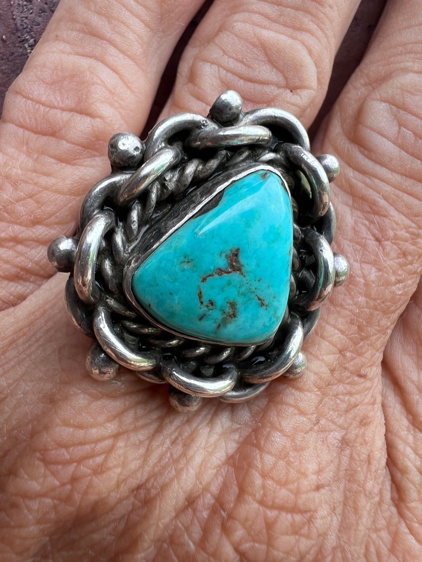 Vintage Handmade Heavy Sterling & Turquoise Ring Sz 8
