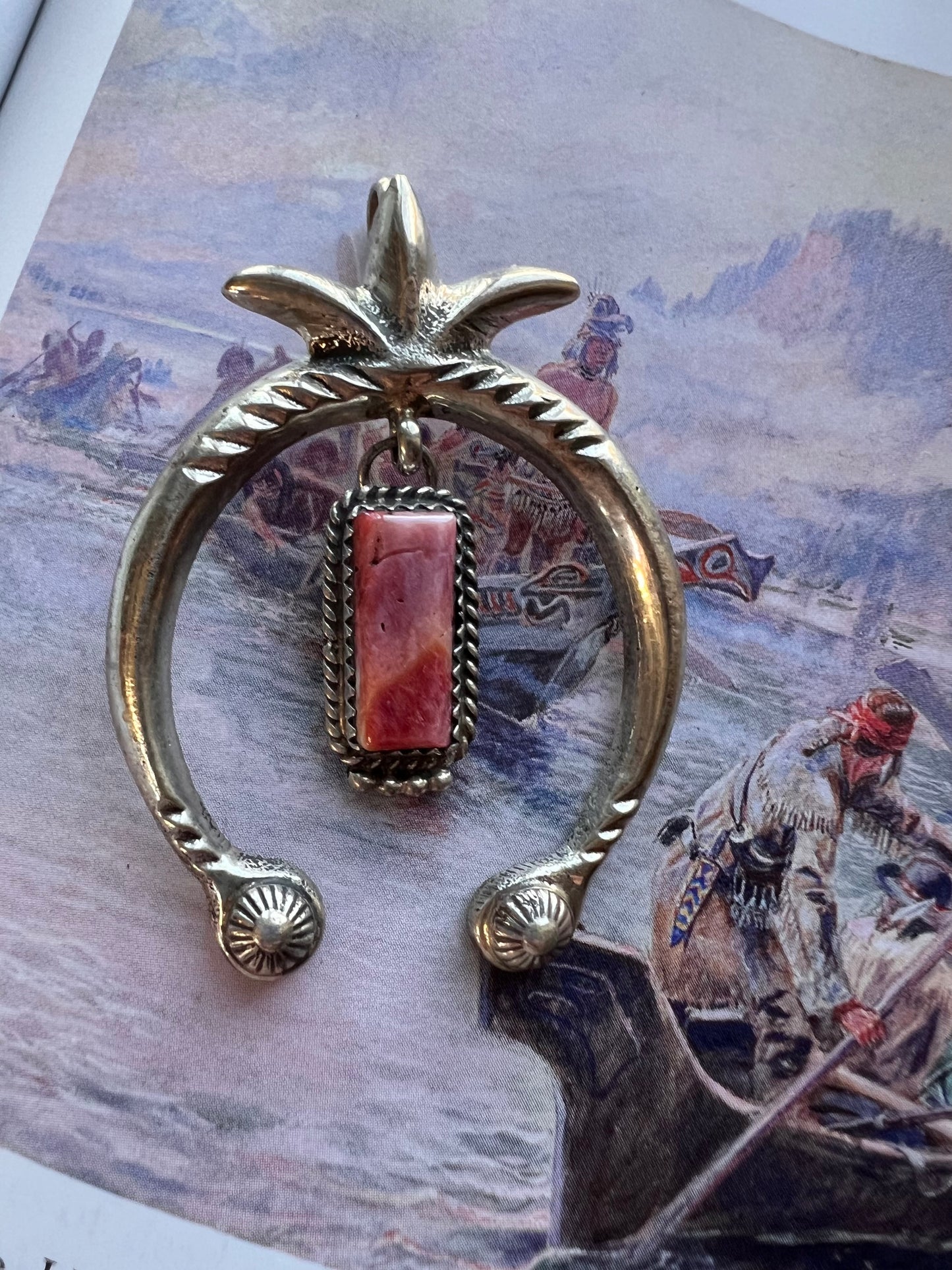 Vintage Navajo Handmade Sunset Spiny Oyster & Sterling Naja Pendant