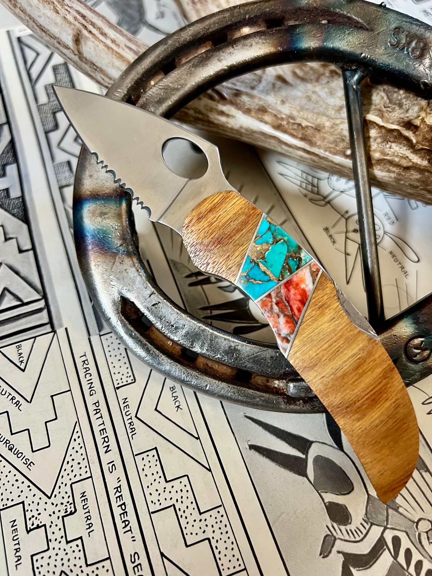 Beautiful Pocket Knife with Wood, Turquoise & Coral Inlay. 
3.5”