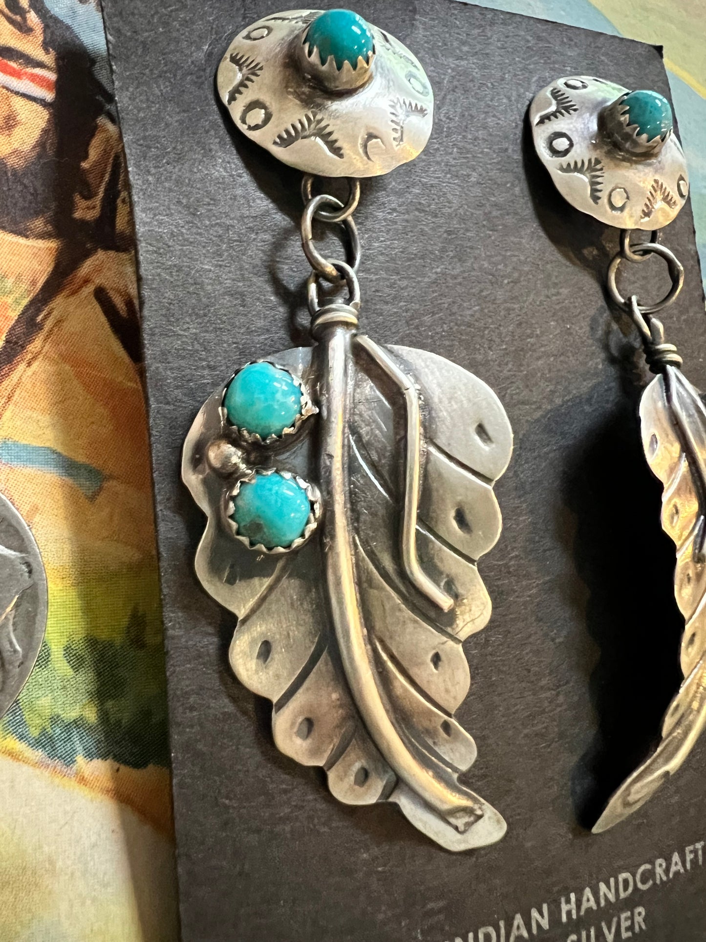 Navajo Handmade by Gabrielle Yazzie. Sterling Feather Turquoise Concho Post Dangle Earrings