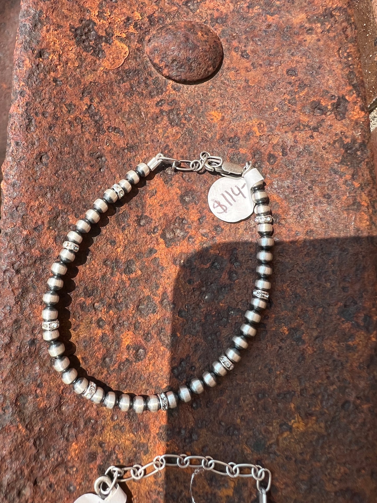 Southwest Machine-made Sterling Silver Bead/Crystal Necklace 16”-18” & Bracelet 7”-8” Set