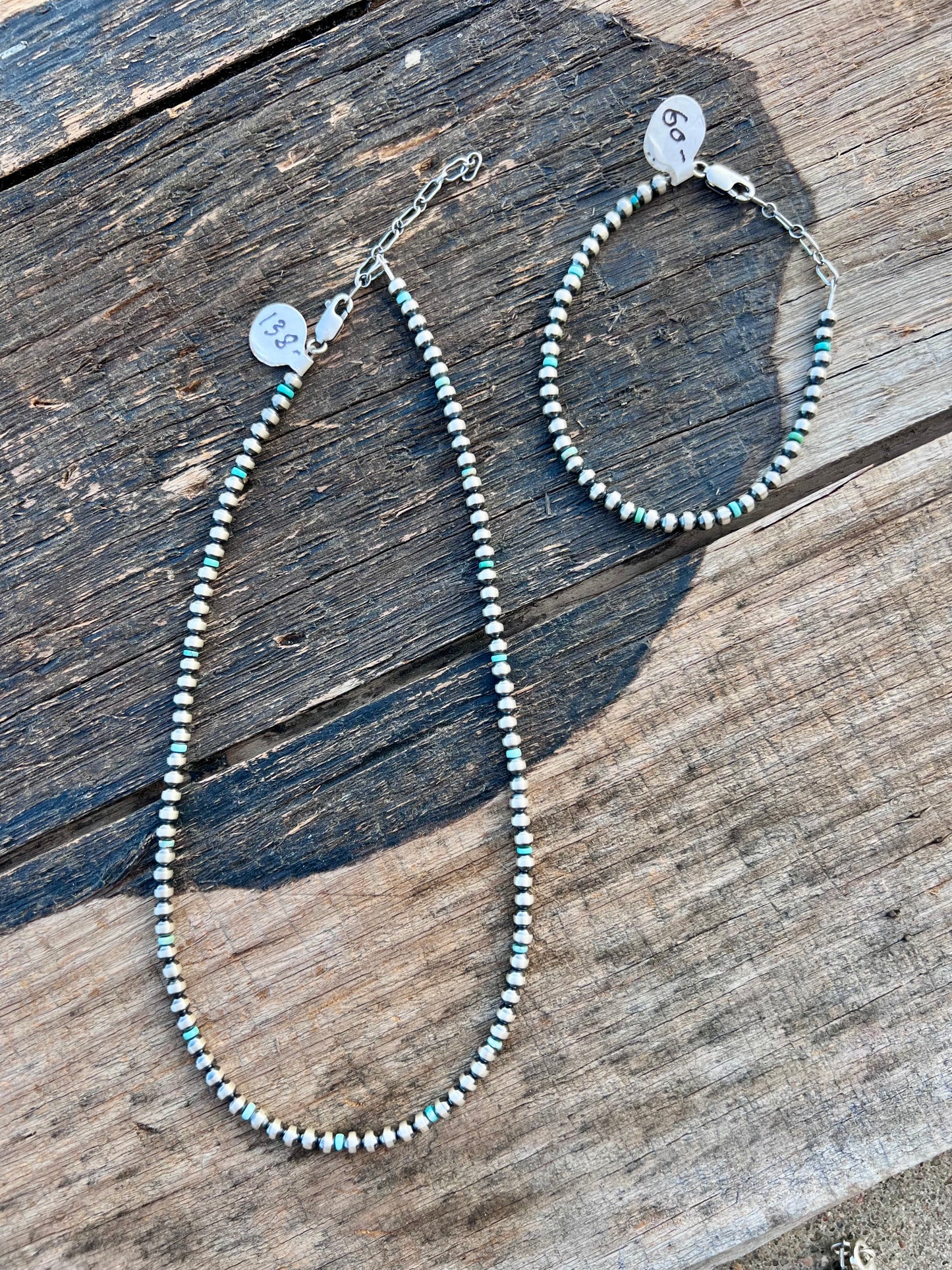 Sterling Silver Oxidized Pearls 4mm & Turquoise Bead Necklace 16-18” Bracelet Set 7”