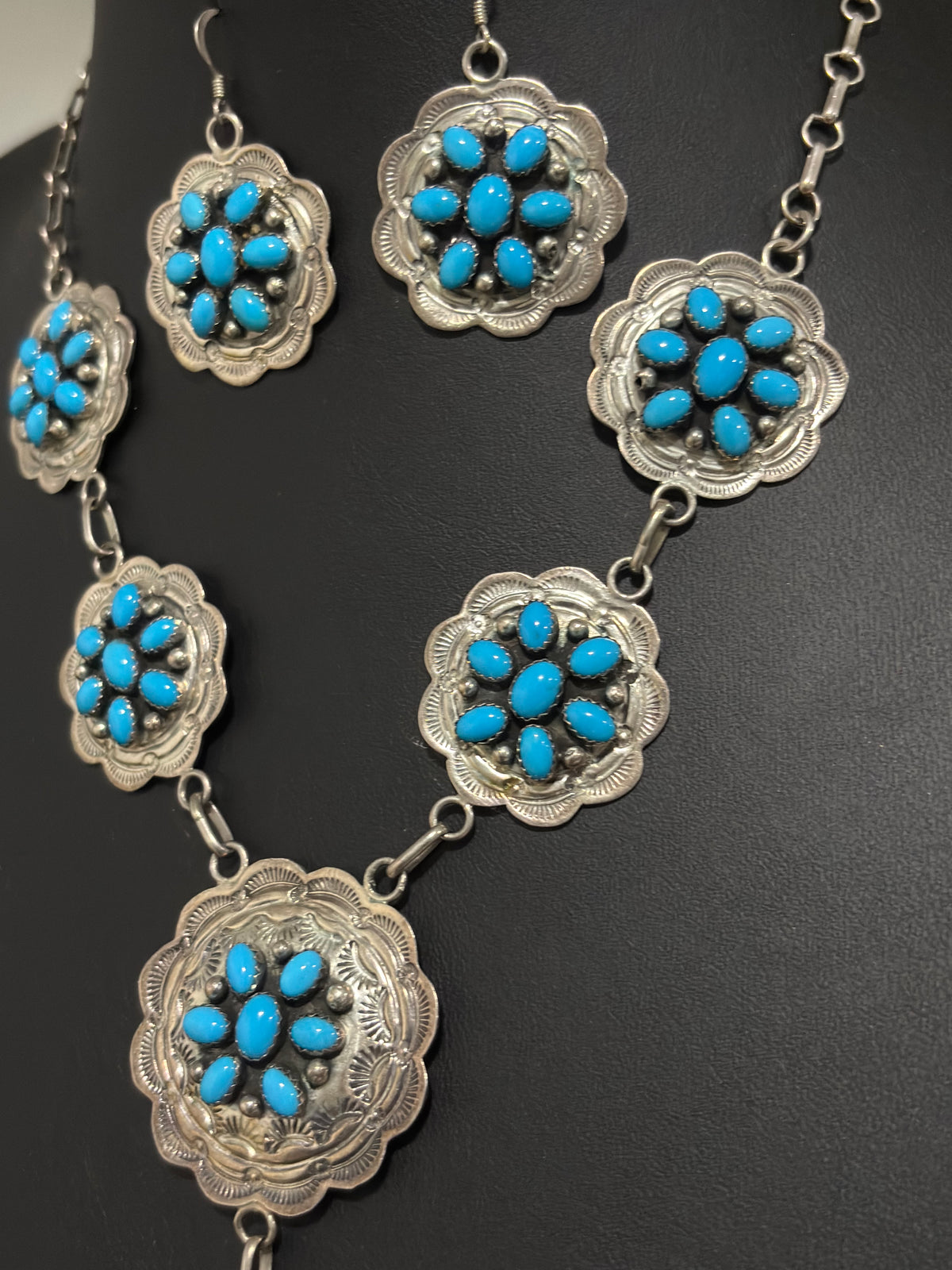 Vintage Sterling Silver & High-grade Sleeping Beauty Turquoise Cluster Concho Lariat- Handmade by Ella Peter(Navajo)🩷