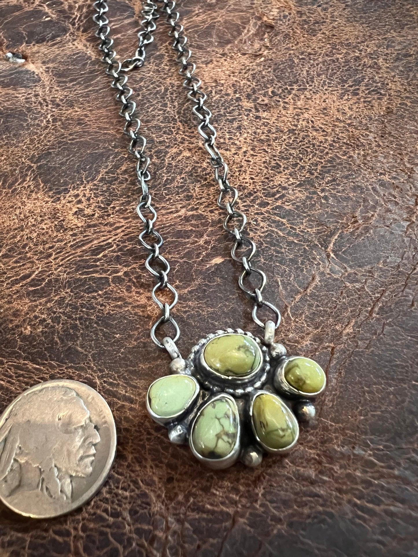 Handmade by Travis Jim, Sterling & Sonoran Turquoise Cluster Pendant Necklace 20”