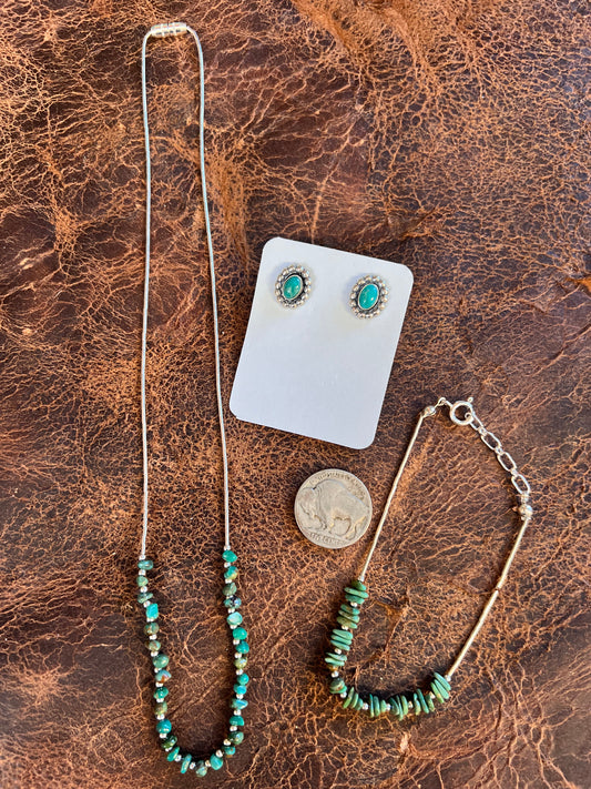 Sterling Liquid Silver & Tyrone Turquoise Necklace, Bracelet & Earring Set