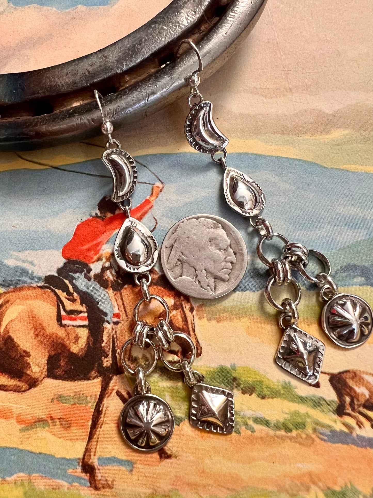 Navajo Handmade by Dakota Willie- Sterling Silver Dangle Earrings 3.4” long