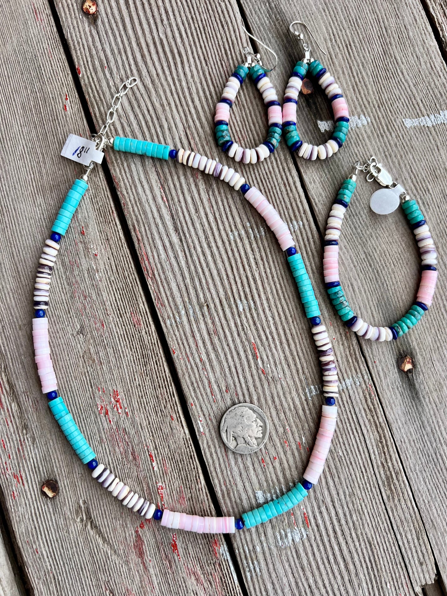 Lapis, Pink Conch, Turquoise, Wampum w/ Sterling Bracelet, Necklace & Earring Set