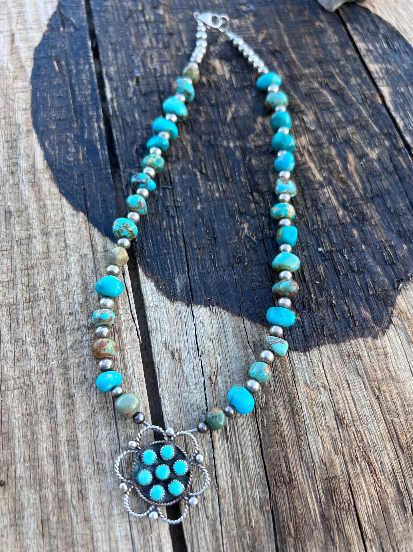 Vintage Turquoise Nugget(8mm), Sterling bead(5mm), Vintage Broach(11mm) Necklace 18”