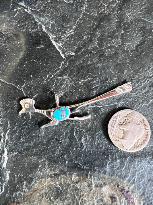 Native American Handmade by Joseph Martinez Sterling & Turquoise Road Runner Pendant 3/4”x 2.5”
