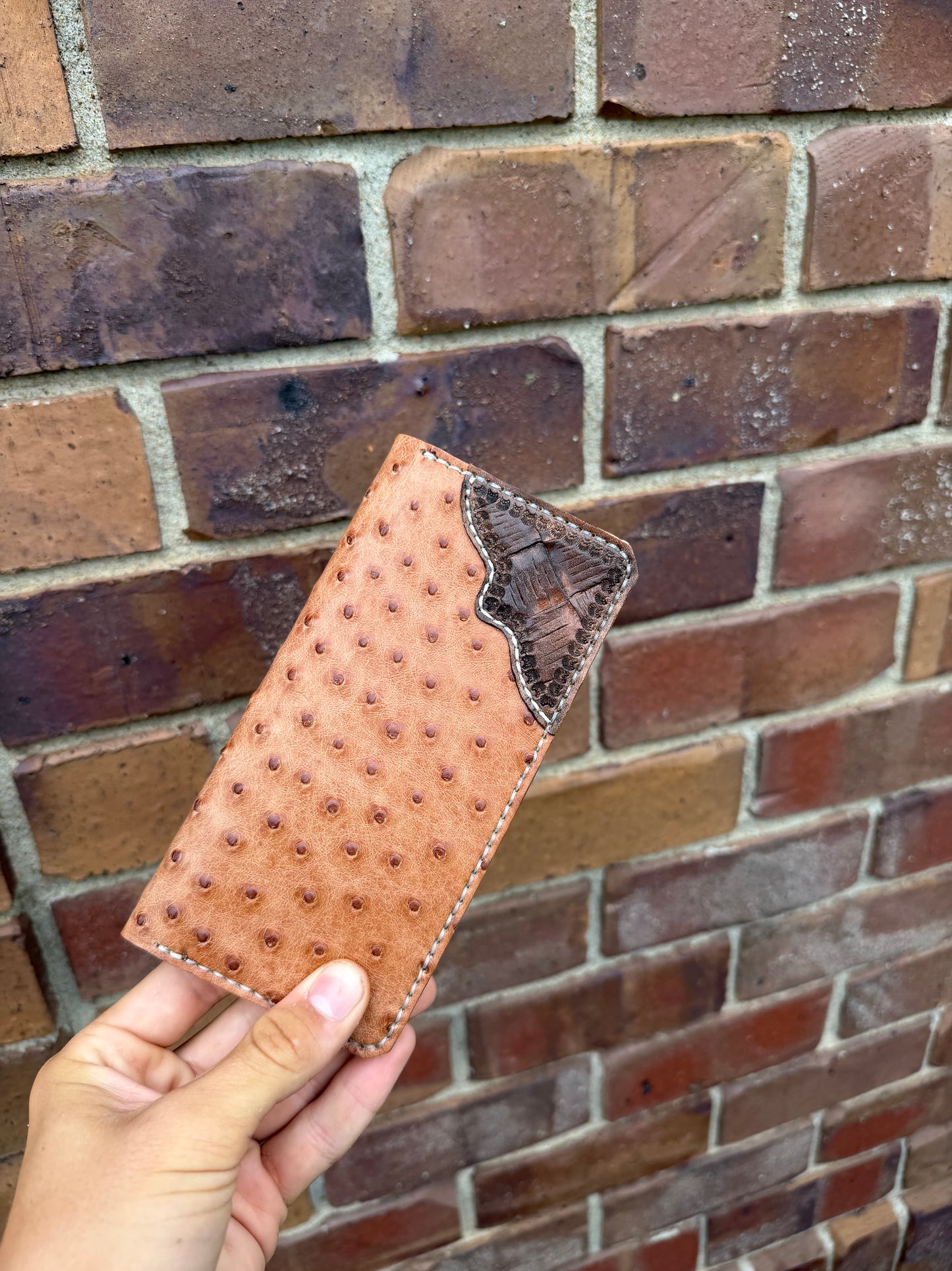 Tan Ostrich Long wallet with Basket Weave corner piece.