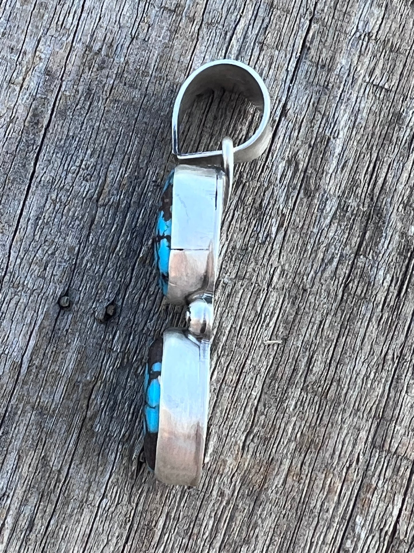 Native American Handmade by Danny Henio- Sterling & Egyptian Turquoise 2-stone Pendant 2”