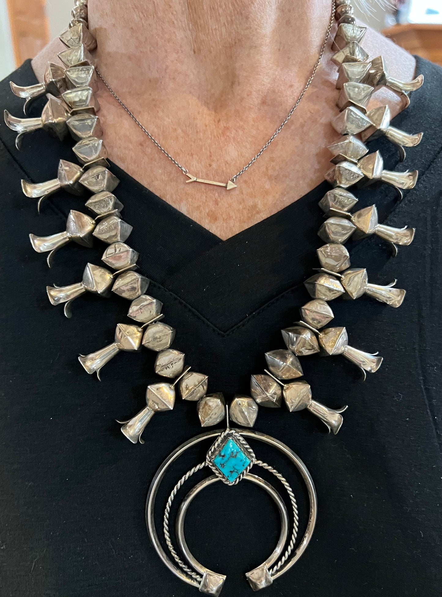 Navajo Handmade by Leon Curley Sterling Silver & Turquoise Square Bead Squash Blossom Necklace & Post Earrings Set