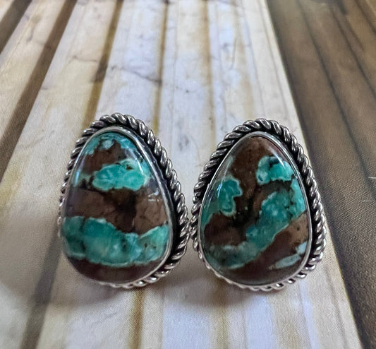 Native Navajo Handmade Sterling & New Lander Variscite Post Earrings 1/2”