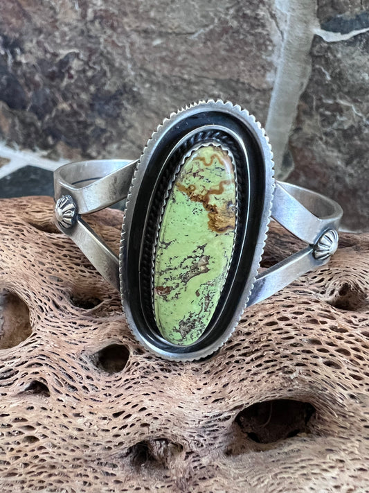 Native Navajo Handmade Gaspeite and Sterling Silver Cuff by Tom Dinetso Sz 6.5