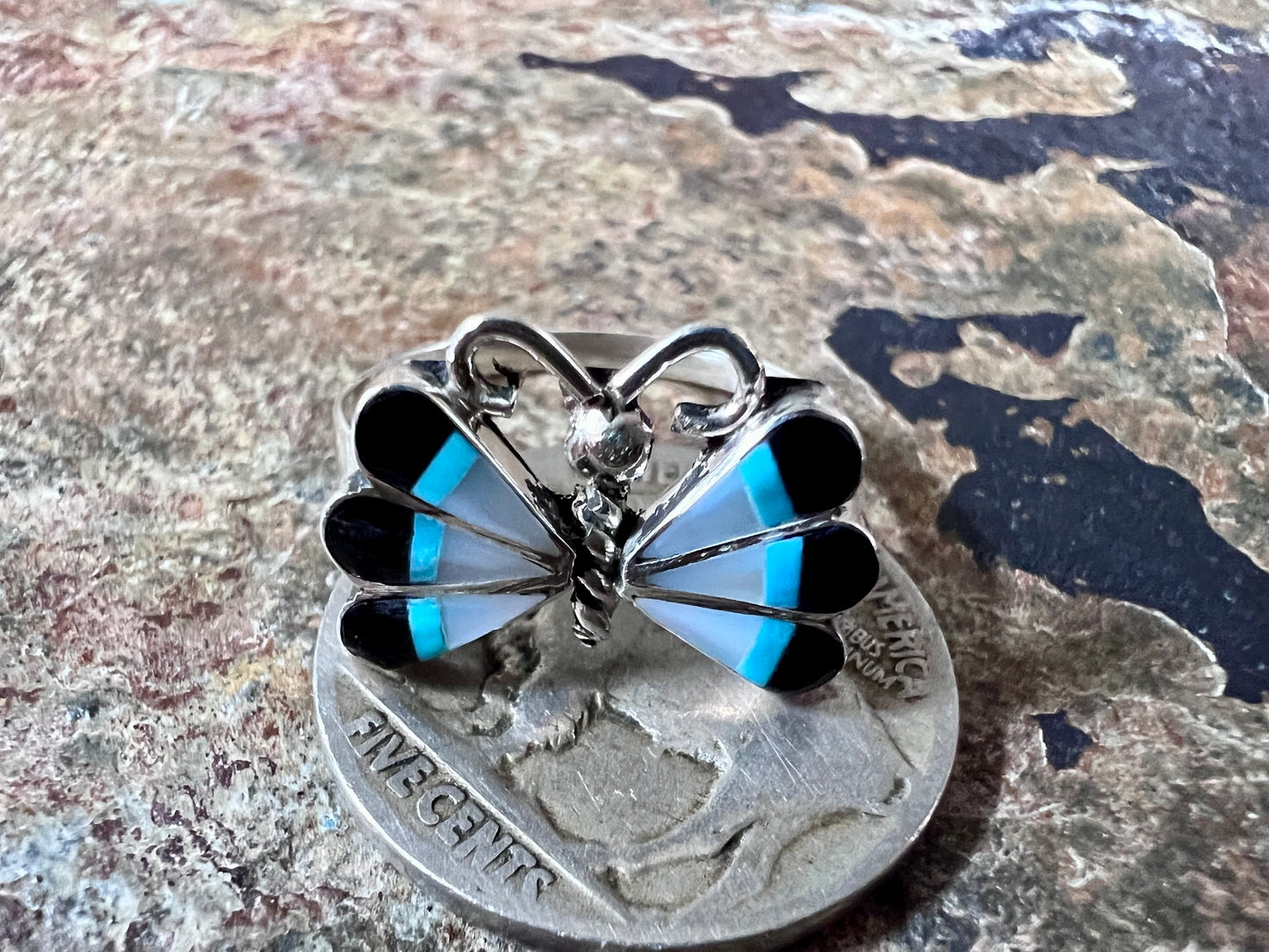 Native American Handmade by Ken Peyketewa- Sterling, Mother-of-pearl, Jet & Turquoise Inlaid Butterfly Ring Sz 7.5
