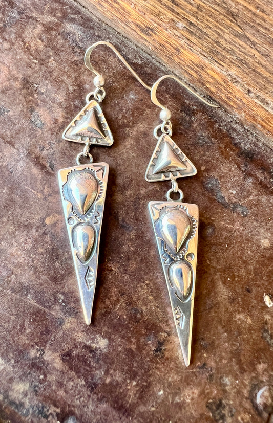 Navajo Handmade by Dakota Willie. Sterling Silver Stamped Repousse Dangle Earrings 2.75”