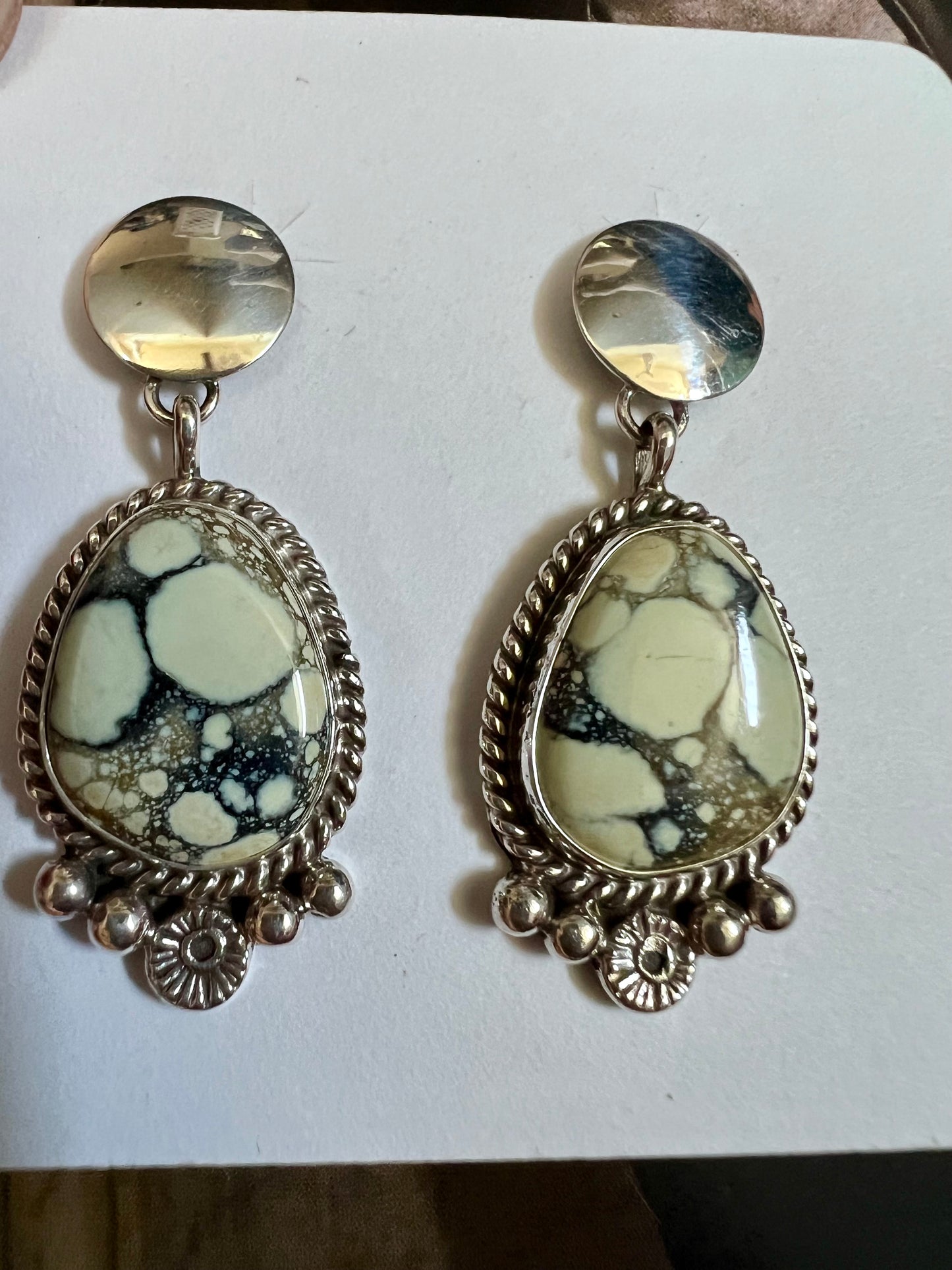 Navajo Handmade Sterling & New Lander Variscite Post Dangle Earrings 1.75”
