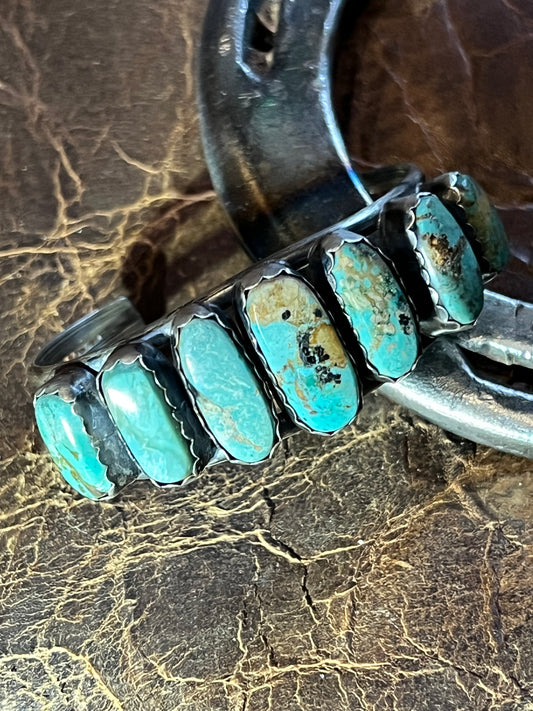 Navajo Handmade Sterling Silver & Kingman Turquoise 7-stone Cuff Bracelet