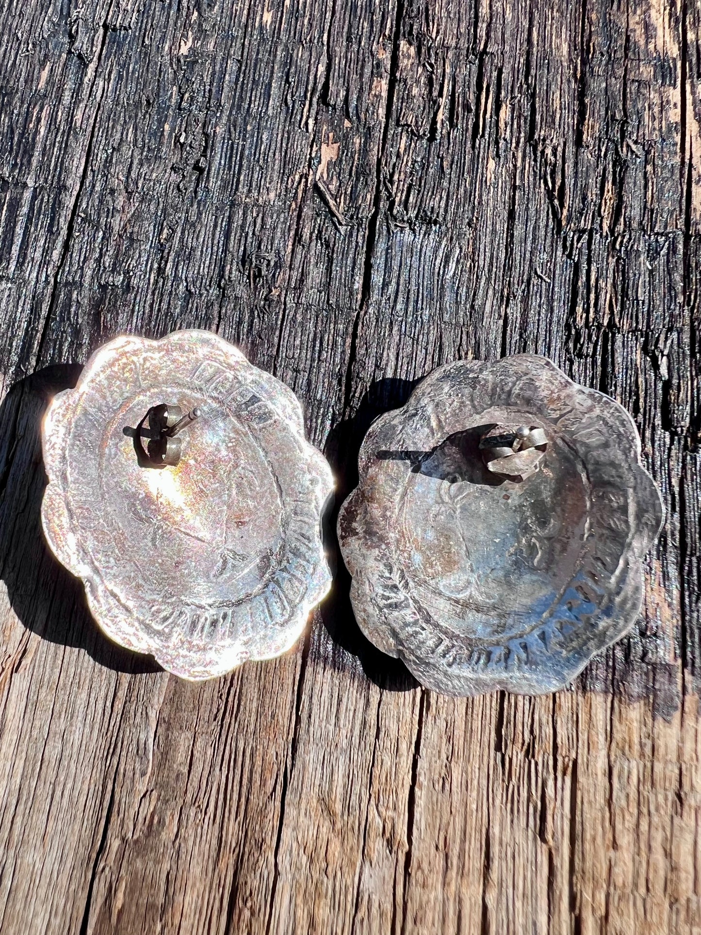 Vintage Native American Handmade Sterling & Turquoise Concho Post Earrings 1.25”