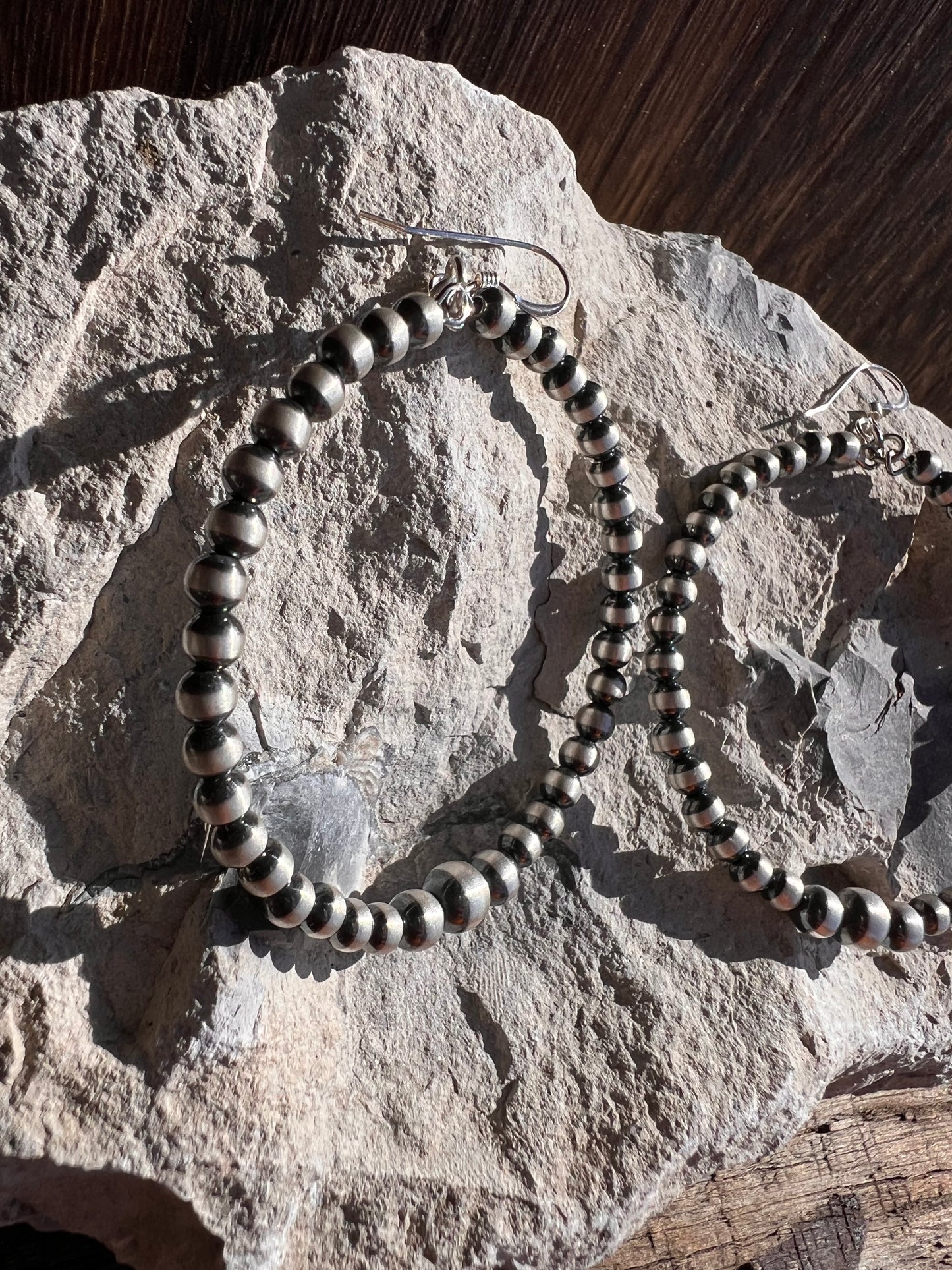 Sterling Silver Oxidized Bead Hoop Dangle Earrings 2.75”