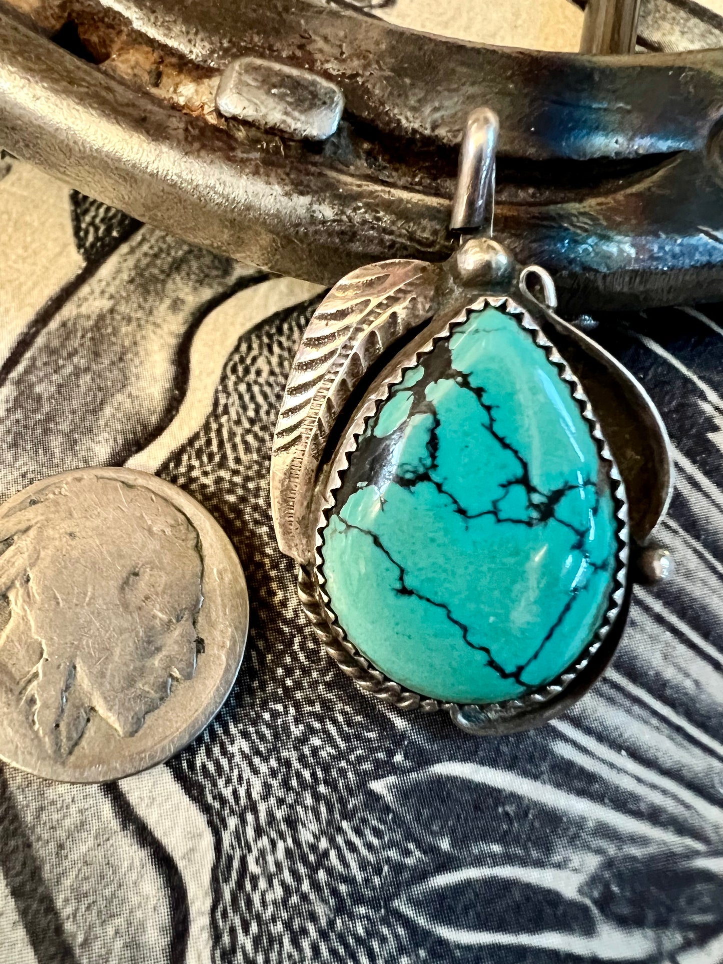 Vintage Sterling & Turquoise Pendant Navajo Handmade by Clayton Tom 1.6”